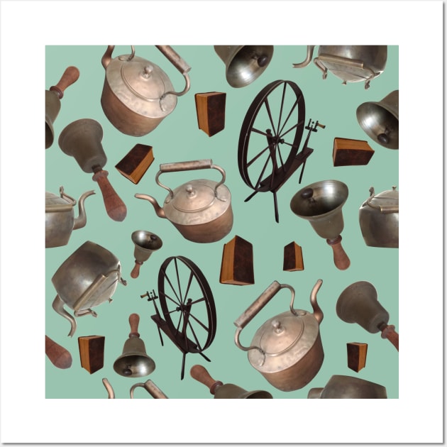 Bells, Books, Spinning Wheels and Kettles on Green Wall Art by ArtticArlo